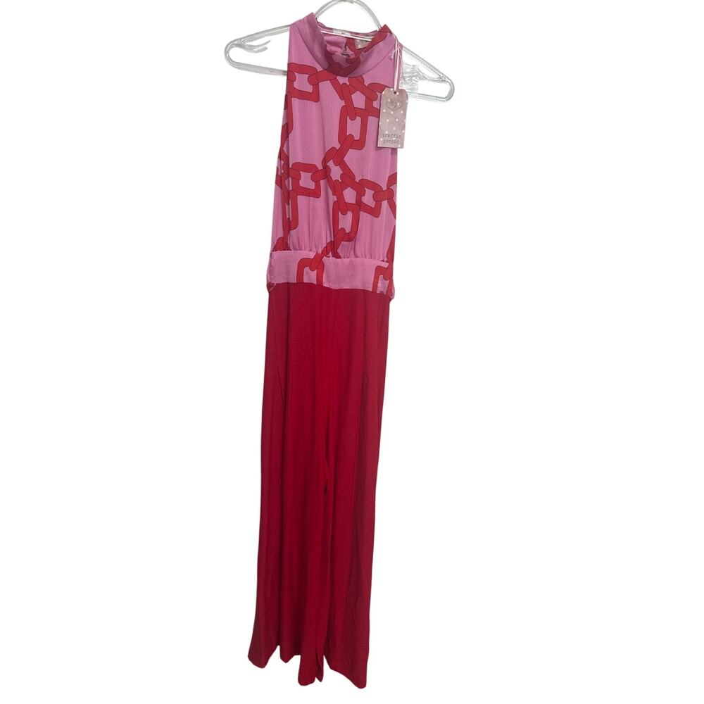 Traffic People NWT Pink/Red Chain Print Halter Jumpsuit Wide Leg Medium Resort - Picture 2 of 13